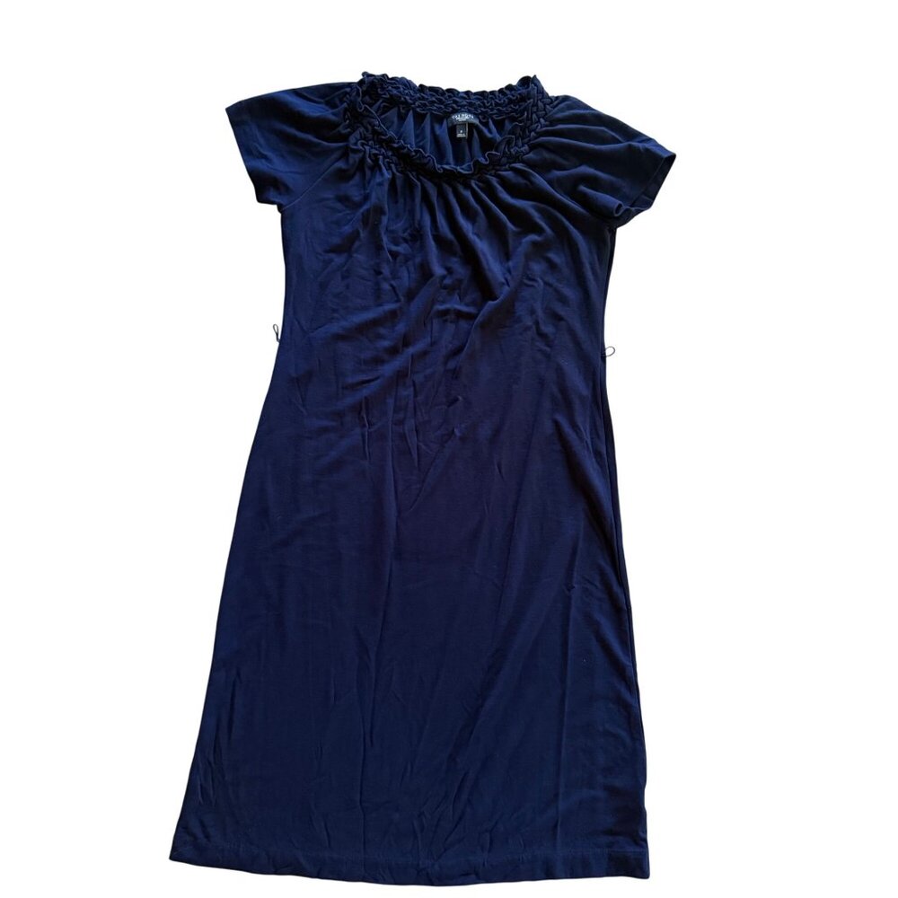 Talbots Petite Size P Small Navy Blue Short Sleeve Midi Dress With Ruffle Neck